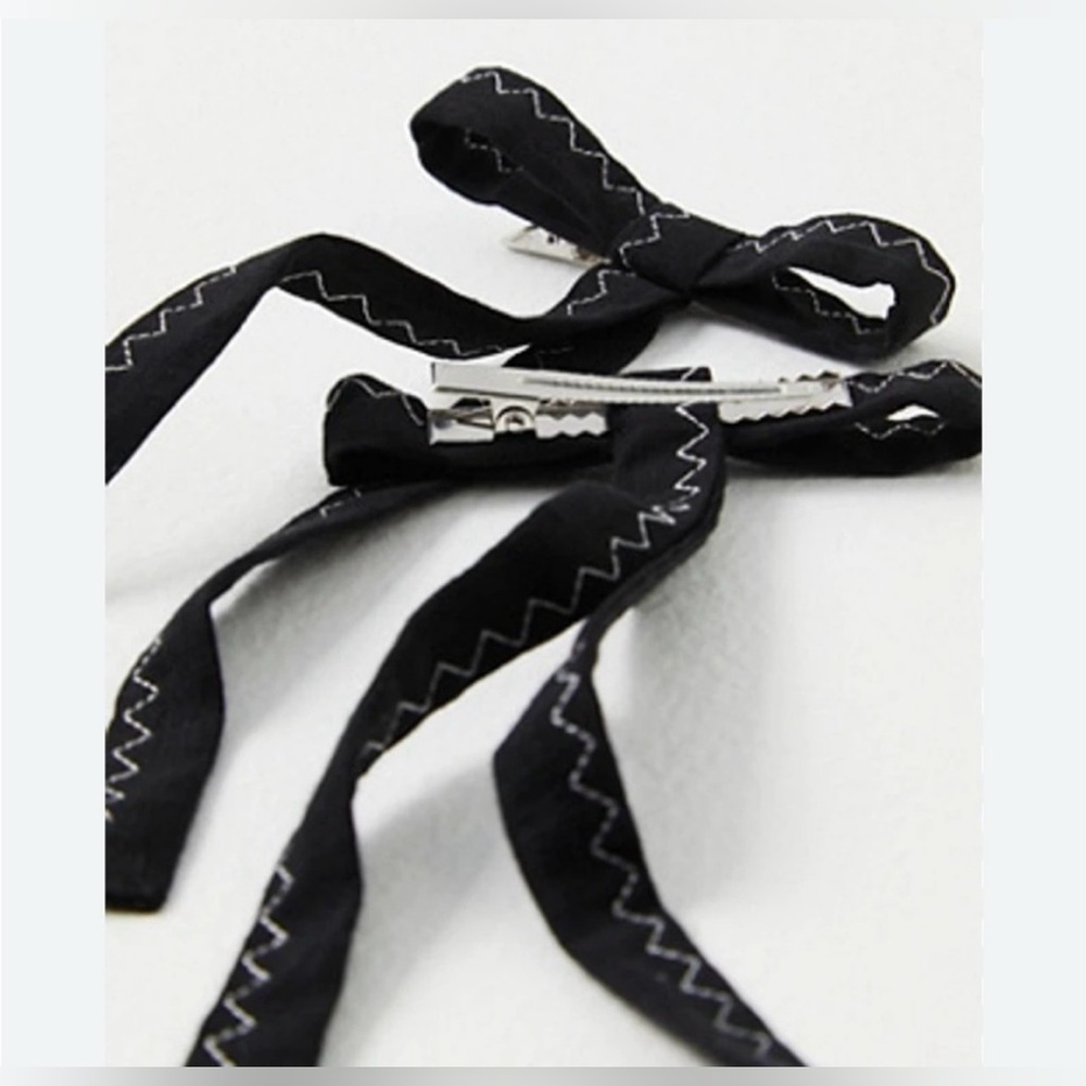 NWT Free People Black Hair Bows with White Stitching